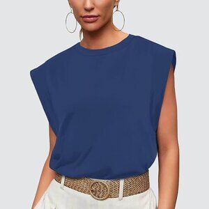 Wiholl Navy Cap Sleeve Blouse Top Summer Basic Tee Shirts Casual Tank Loose Fit